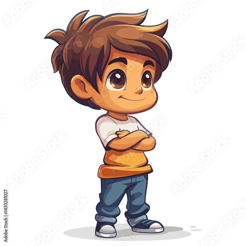 Little boy standing and smiling. Cute cartoon character vector illustration.
