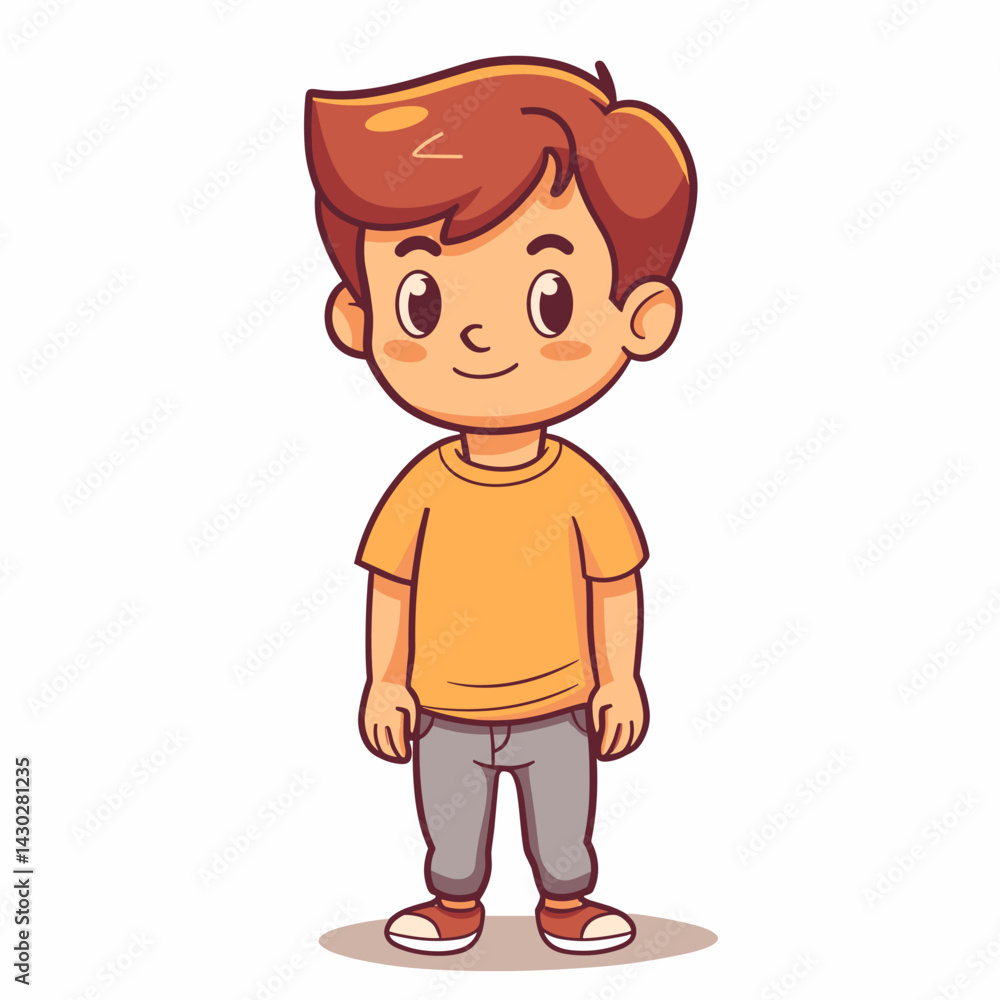 Little boy standing and smiling. Cute cartoon character vector illustration.
Little boy standing and smiling. Cute cartoon character vector illustration.
