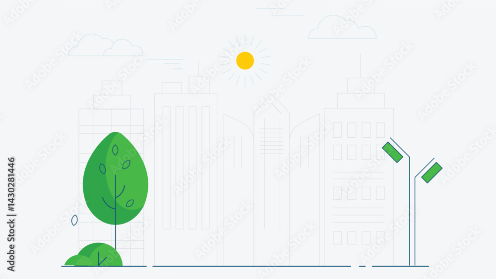 Fototapeta premium Outlined illustration of a city background featuring green trees and street lights, creating a simple urban landscape