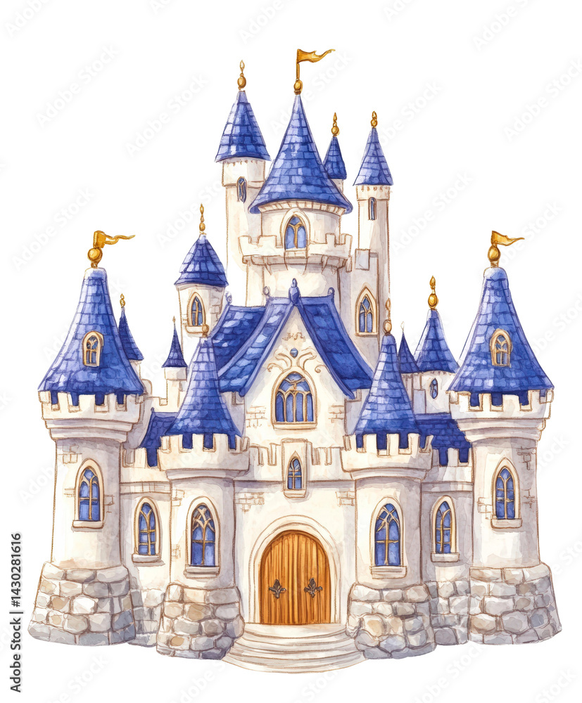 Fototapeta premium Fantasy castle with blue rooftops and stone walls surrounded by magical scenery suitable for illustration, children’s books, and creative projects