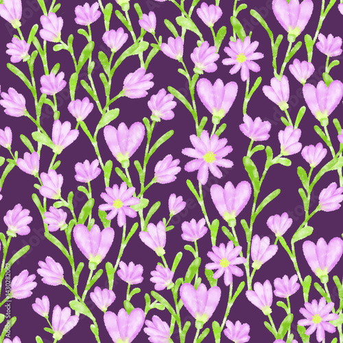 Seamless pattern pink flowers on purple background