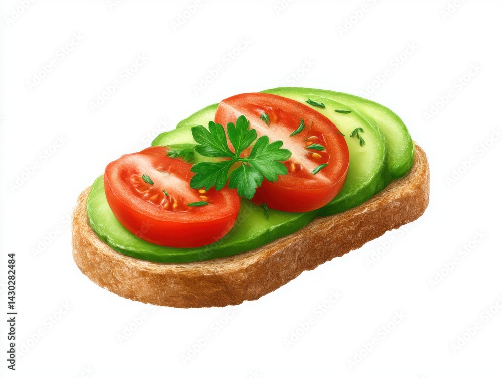 Avocado tomato toast close up isolated on white background Avocado tomato toast close up isolated on white background