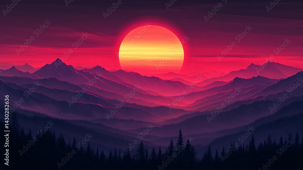 Crimson Sunset Over Mountains