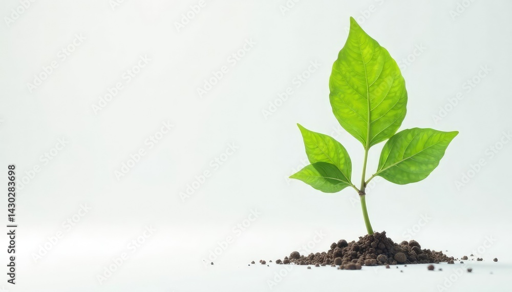 Small, vibrant sapling on stark white background, leaf, close-up, botany Small, vibrant sapling on stark white background, leaf, close-up, botany