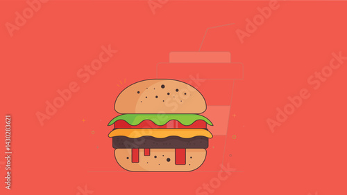 Illustration of a beef burger sandwich featuring a juicy beef patty, lettuce, tomato, cheese, and sesame seed bun