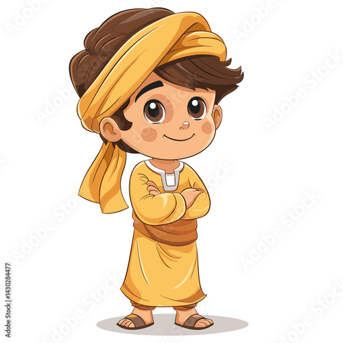Vector illustration of Cartoon Indian boy wearing turban and standing with crossed arms