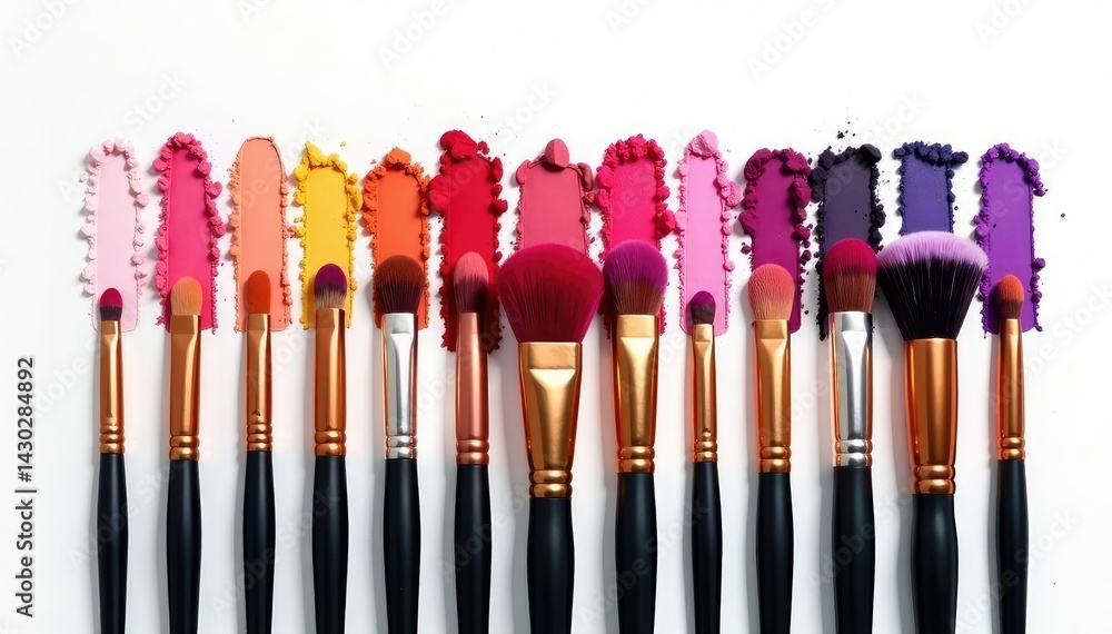 Various makeup brushes, arranged neatly, on white, professional, image, contour Various makeup brushes, arranged neatly, on white, professional, image, contour