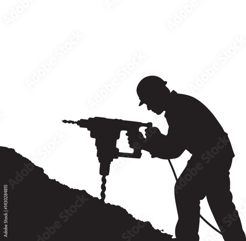 Silhouette Minimalist black silhouette of a construction worker drilling 