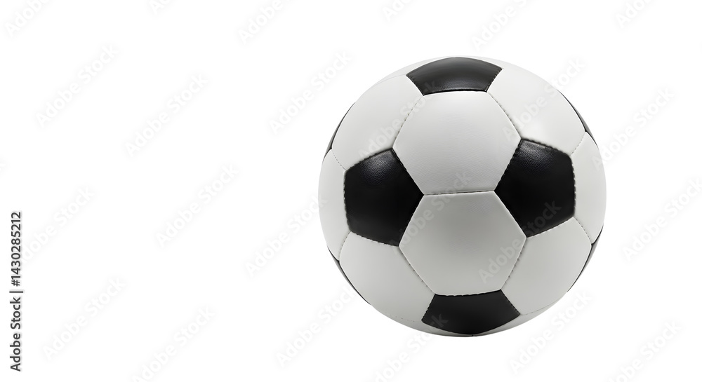Obraz premium A classic black and white soccer ball positioned prominently, set against a clean, neutral background, ideal for sports themes