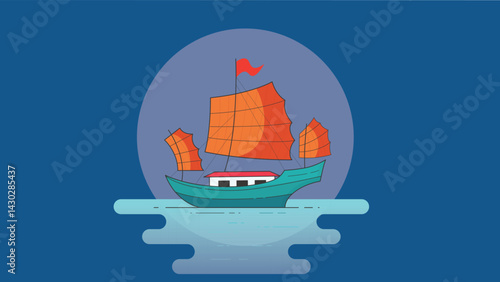 Illustration of traditional Chinese old ships sailing in the sea, showcasing the historic maritime vessels with distinct sails, set against the calm blue ocean background