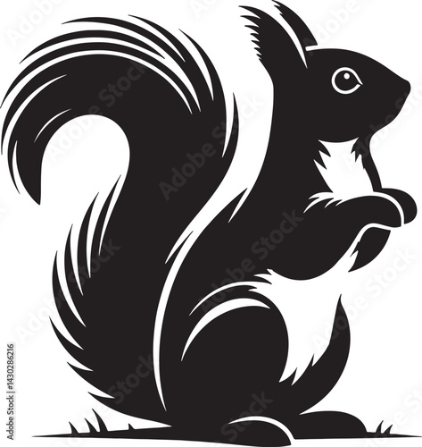 A black and white graphic illustration of a squirrel with a bushy tail holding its paws up