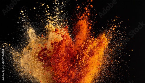 A high-speed photo of spices being thrown or blown into the air, with bold contrasting backgrounds and dynamic energy.