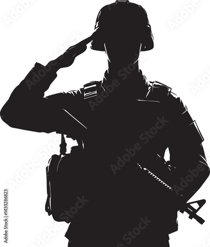 Silhouette of a soldier saluting with a rifle and backpack on the ground in black and white
