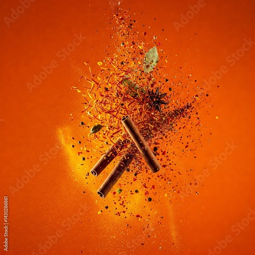A high-speed photo of spices being thrown or blown into the air, with bold contrasting backgrounds and dynamic energy.
