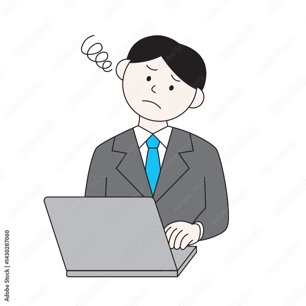 パソコンを操作して困っている男性のイラスト パソコンを操作して困っている男性のイラスト