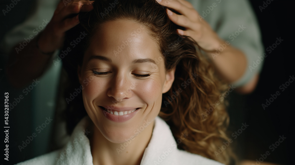 Fototapeta premium Woman receiving relaxing scalp massage at spa