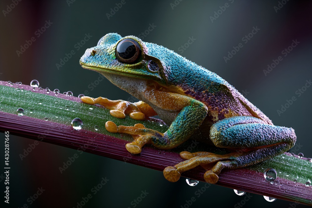 colorful frog on a leaf, close up of a rainforest amphibian