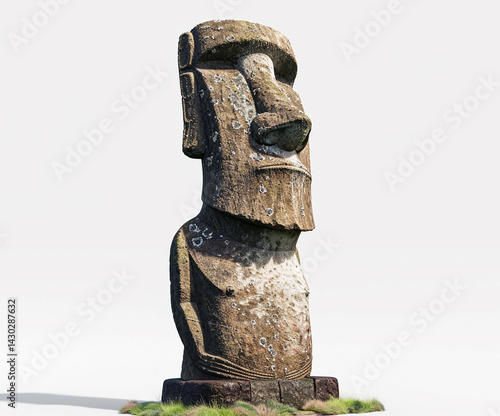 Full-body view of a Moai statue from Easter Island, isolated on a white background. Ancient stone sculpture created by the Rapa Nui civilization, representing historical Polynesian art 