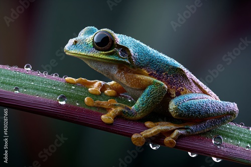 colorful frog on a leaf, close up of a rainforest amphibian