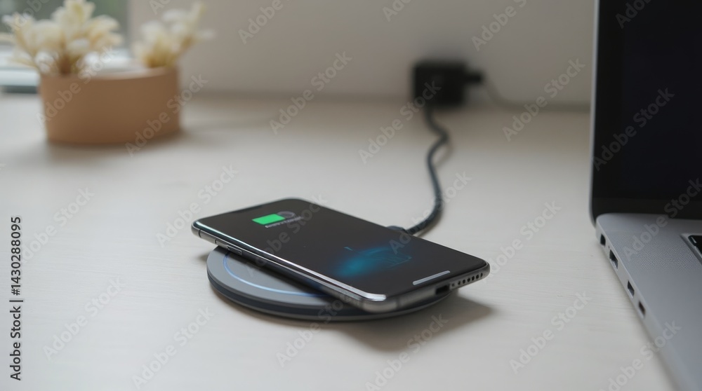 Mobile phone charging on a sleek wireless charger, highlighting efficiency and innovation Mobile phone charging on a sleek wireless charger, highlighting efficiency and innovation
