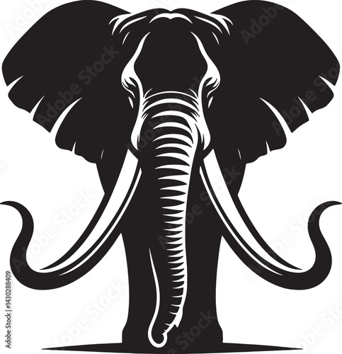 A stylized black and white illustration of a majestic elephant with prominent tusks and large ears