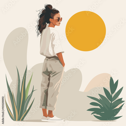 Vector illustration of a girl in a white shirt and sunglasses on the background of the sun.