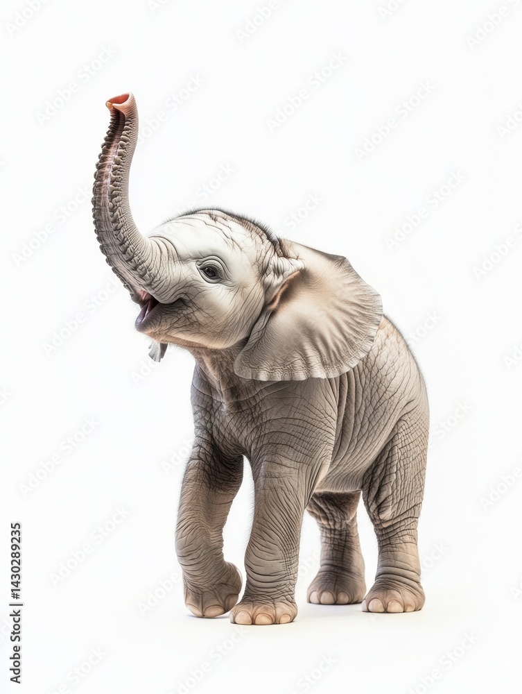 Fototapeta premium Baby Elephant Raising Trunk Joyfully Against Soft White Background Showcasing Its Friendly Demeanor and Adorable Features Generative AI