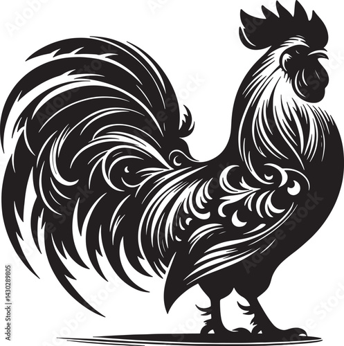 A detailed black and white silhouette illustration of a rooster standing sideways profile view