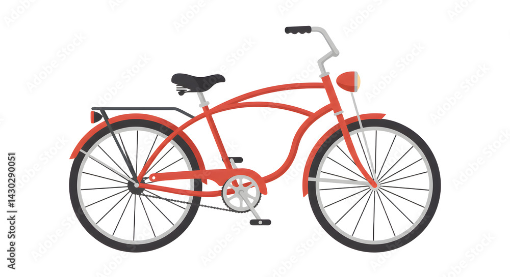 Fototapeta premium A vibrant red bicycle parked on a sunny street, surrounded by greenery and urban elements, perfect for outdoor activities