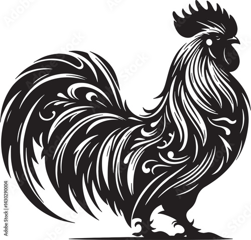 A detailed black and white silhouette illustration of a rooster standing sideways profile view