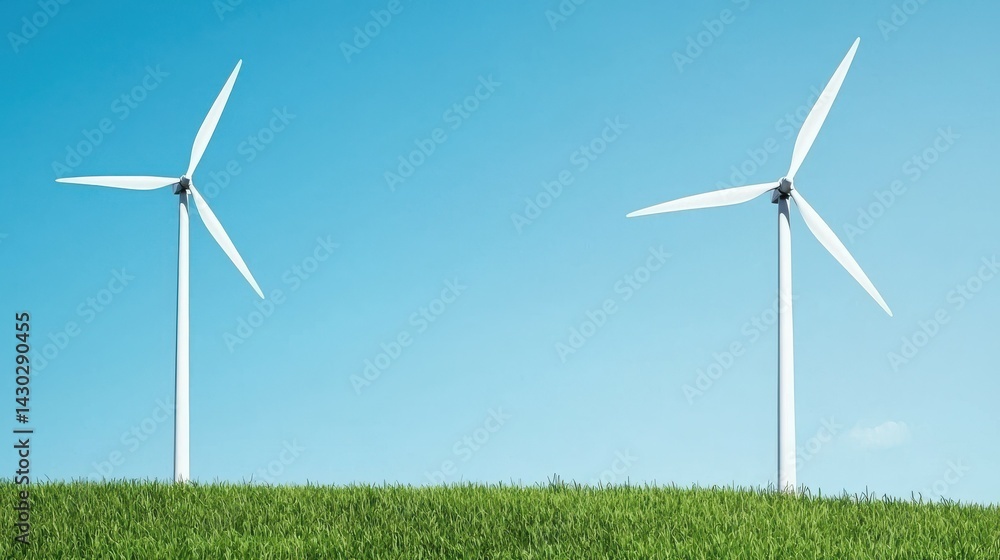 Two Wind Turbines on Green Hill Against Clear Blue Sky in Renewable Energy Concept Displaying Sustainable Nature and Modern Technology Two Wind Turbines on Green Hill Against Clear Blue Sky in Renewable Energy Concept Displaying Sustainable Nature and Modern Technology