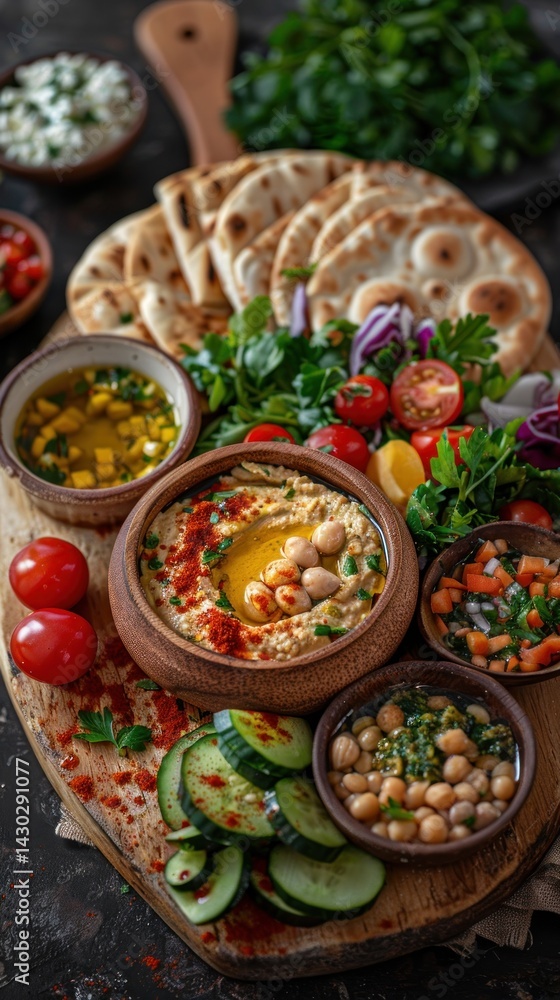 Fototapeta premium Mediterranean platter with hummus, pita, vegetables, and dips