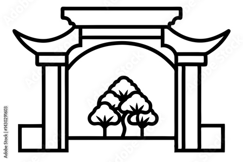 Bonsai Garden Gate Line Art Vector Illustration