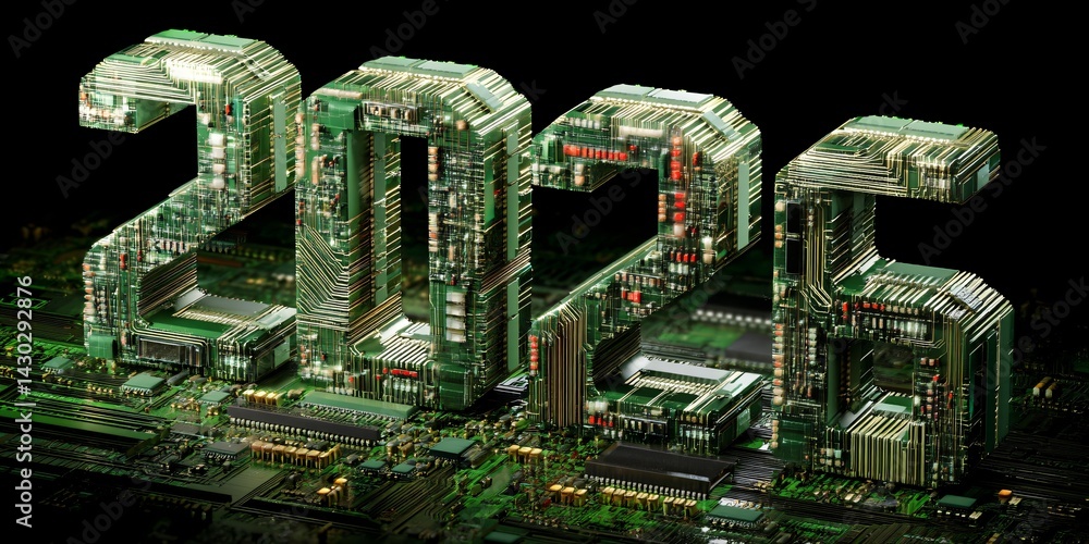new year 2026 digital background with futuristic circuit board structure
