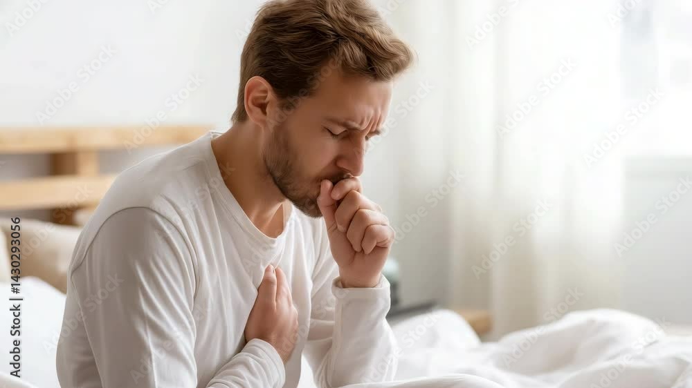 A sick man sits in bed, coughing and gripping his chest in pain. A sick man sits in bed, coughing and gripping his chest in pain.