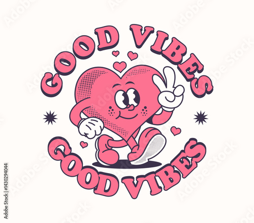 Fun and colorful heart cartoon character design. Perfect for stickers, t shirts, posters, and prints. A groovy, retro style with vintage and playful vibes