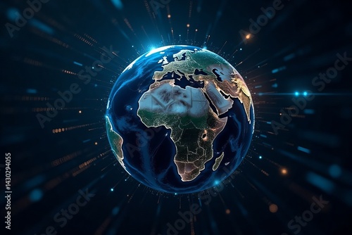 A digital computing network on half of the surface of the planet Earth. Global technological concept