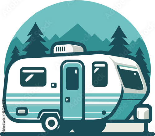 A teal and white illustration of a compact travel trailer set against a scenic backdrop of pine trees and mountains, capturing the spirit of camping, adventure, and nature getaways.