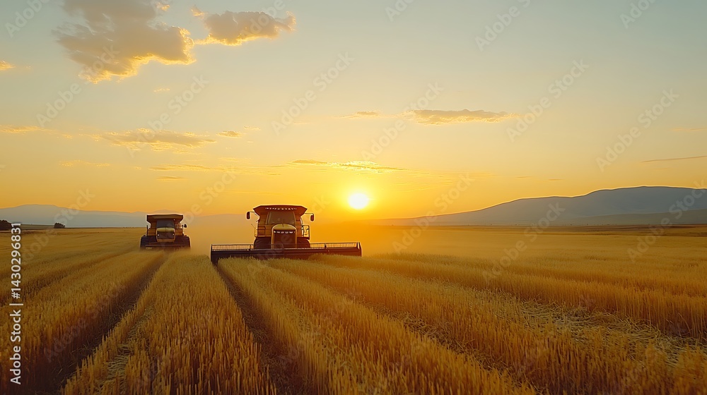 Fototapeta premium Harvesters working a golden wheat field at sunset. Possible use Stock photo for agriculture, farming, machinery, harvesting, nature