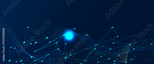 Abstract digital network with interconnected lines and dots on a deep blue background	