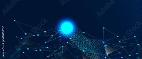 Abstract digital network with interconnected lines and dots on a deep blue background	