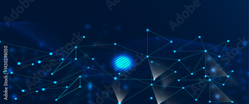 Abstract digital network with interconnected lines and dots on a deep blue background	