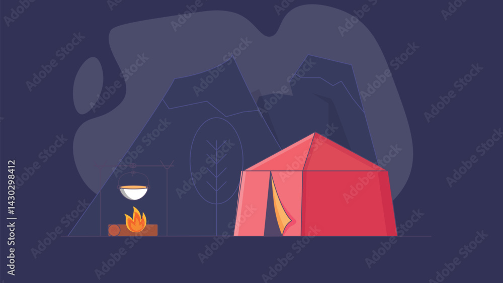 A camping tent set up in the great outdoors, surrounded by nature. The tent offers a comfortable and cozy shelter for outdoor adventures A camping tent set up in the great outdoors, surrounded by nature. The tent offers a comfortable and cozy shelter for outdoor adventures