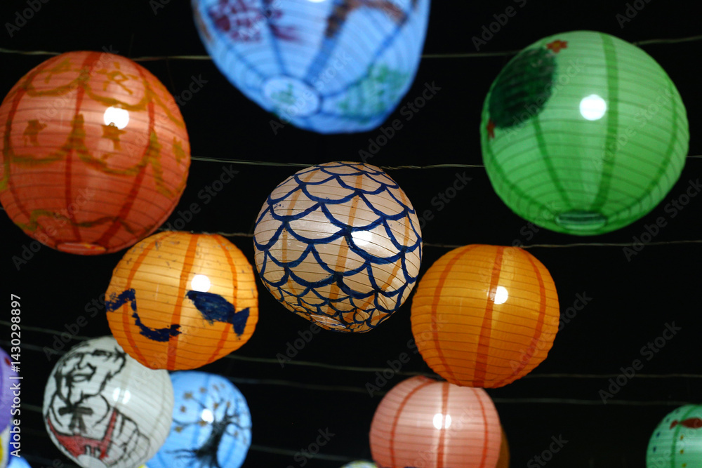 Handmade paper lanterns at the Lantern Festival At night.