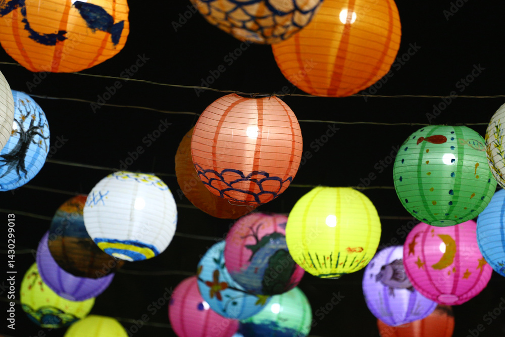 Handmade paper lanterns at the Lantern Festival At night.