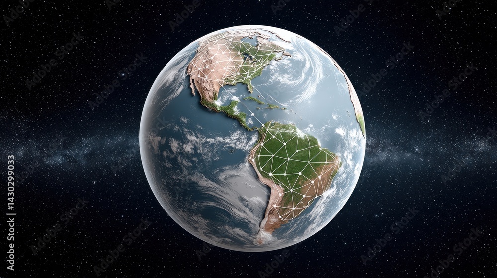 Obraz premium Breathtaking satellite view of the planet Earth showcasing its diverse continents oceans and atmospheric layers against the backdrop of the vast cosmos