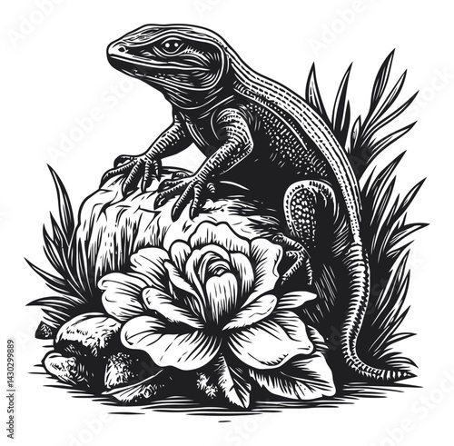 Detailed Engraving of Lizard on a Rock Surrounded by Flowers