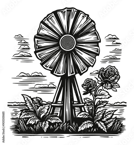 Detailed Engraving of Windmill Surrounded by Roses and Clouds