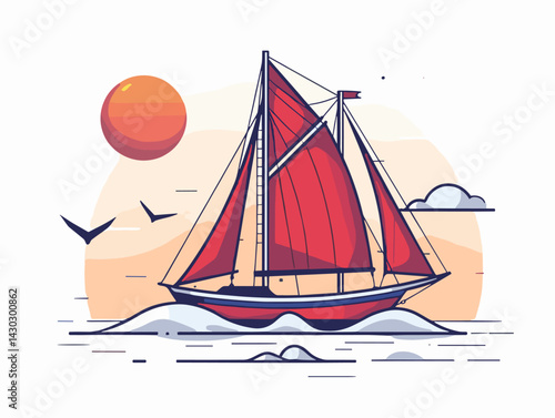 Sailboat on the sea. Vector illustration in flat style.