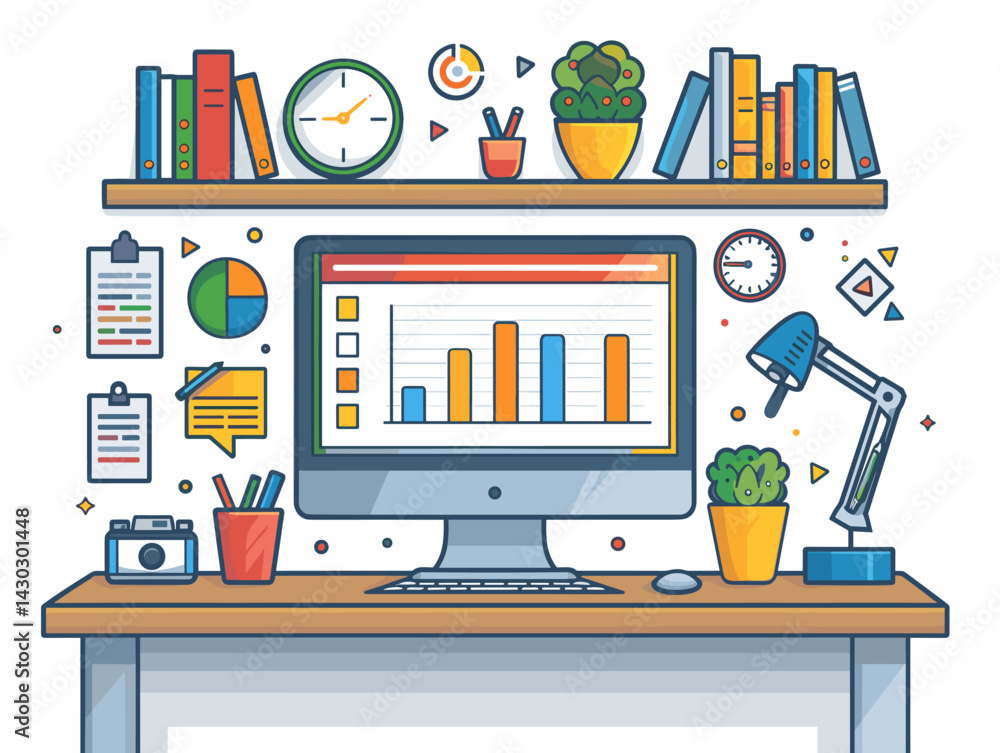 Workplace with computer and office objects. Vector illustration in flat style Workplace with computer and office objects. Vector illustration in flat style
